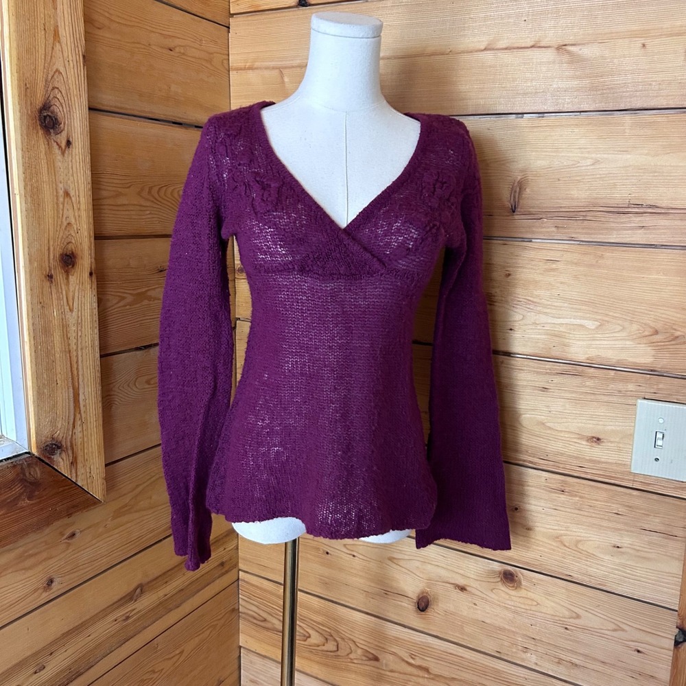 Fuzzy Mohair Open Knit Sheer V Neck Bell Sleeve Sweater Small Plum Berry NEVADA